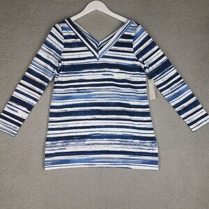 NEW Chico's Zenergy Tunic Shirt Womens 0/ Small Striped V-Neck Blue Casual Beach